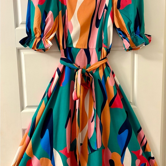 Dresses & Skirts - Colorful Abstract Print Fit-and-Flare Dress with Belt